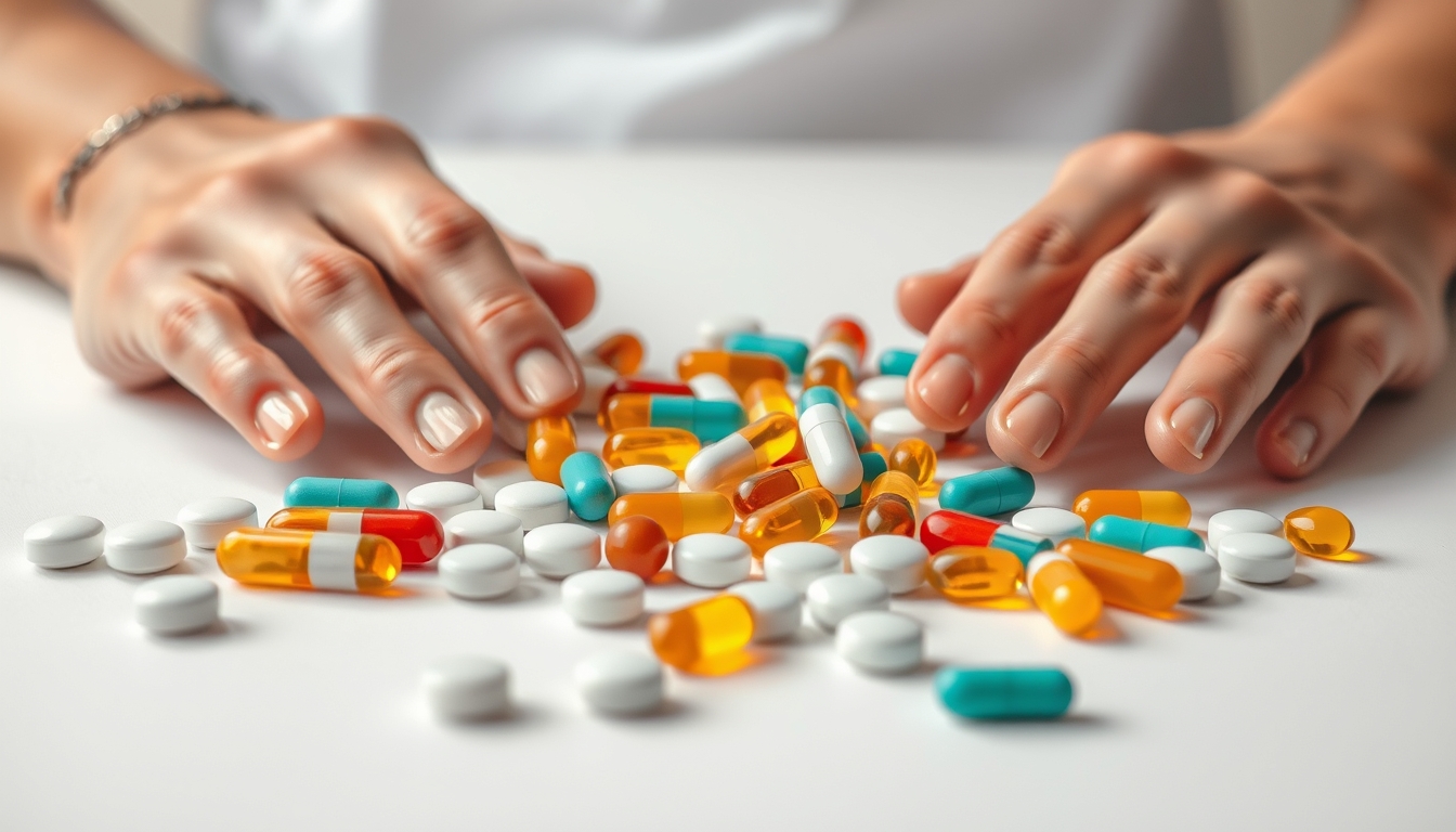 Sortimento de comprimidos em fundo branco em estilo editorial