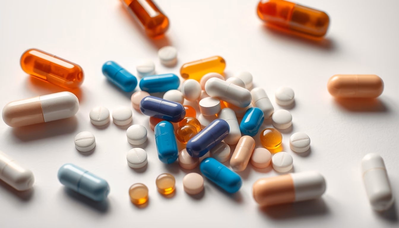 medical pills assortment on white background in editorial style