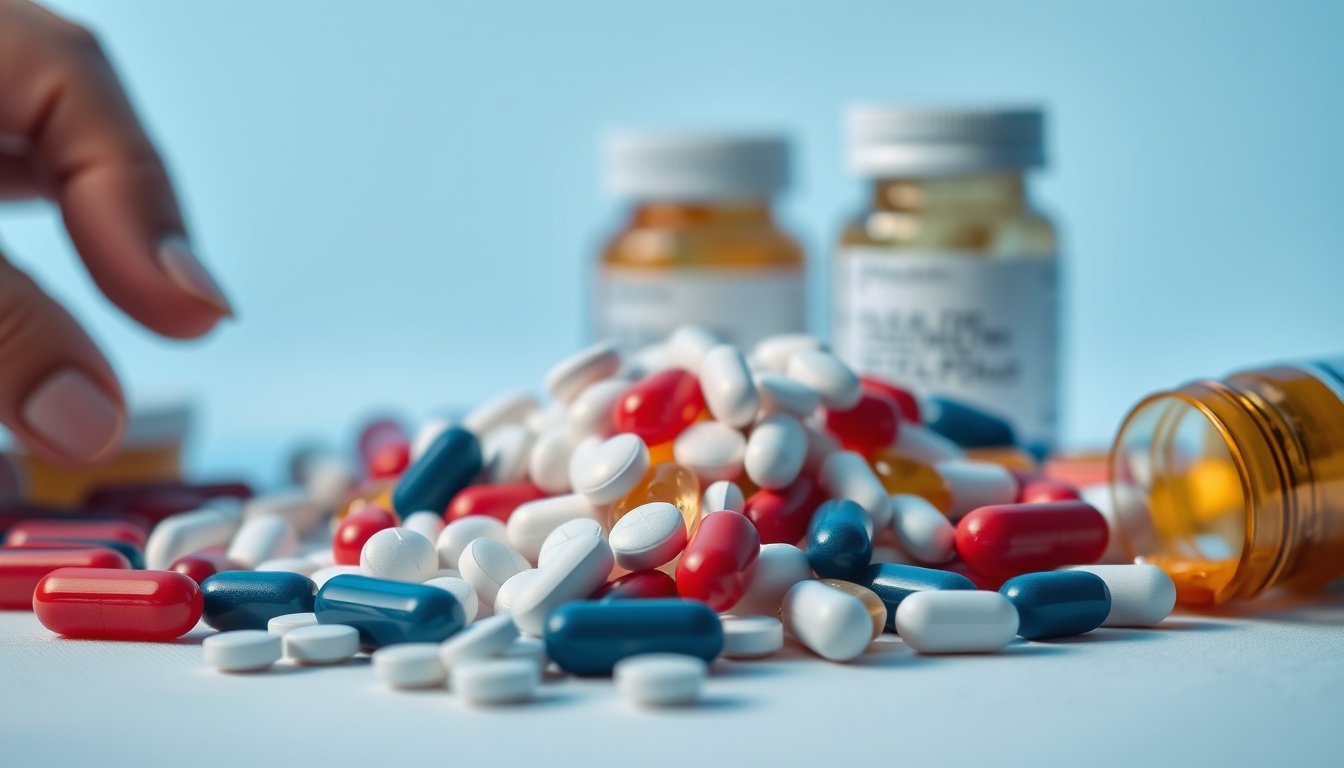 Sortimento de comprimidos em fundo branco em estilo editorial