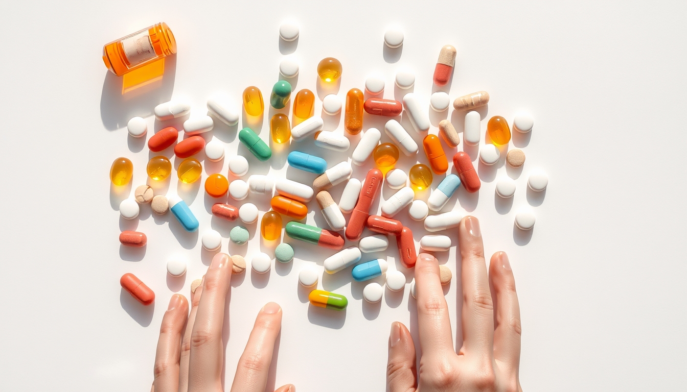 Sortimento de comprimidos em fundo branco em estilo editorial