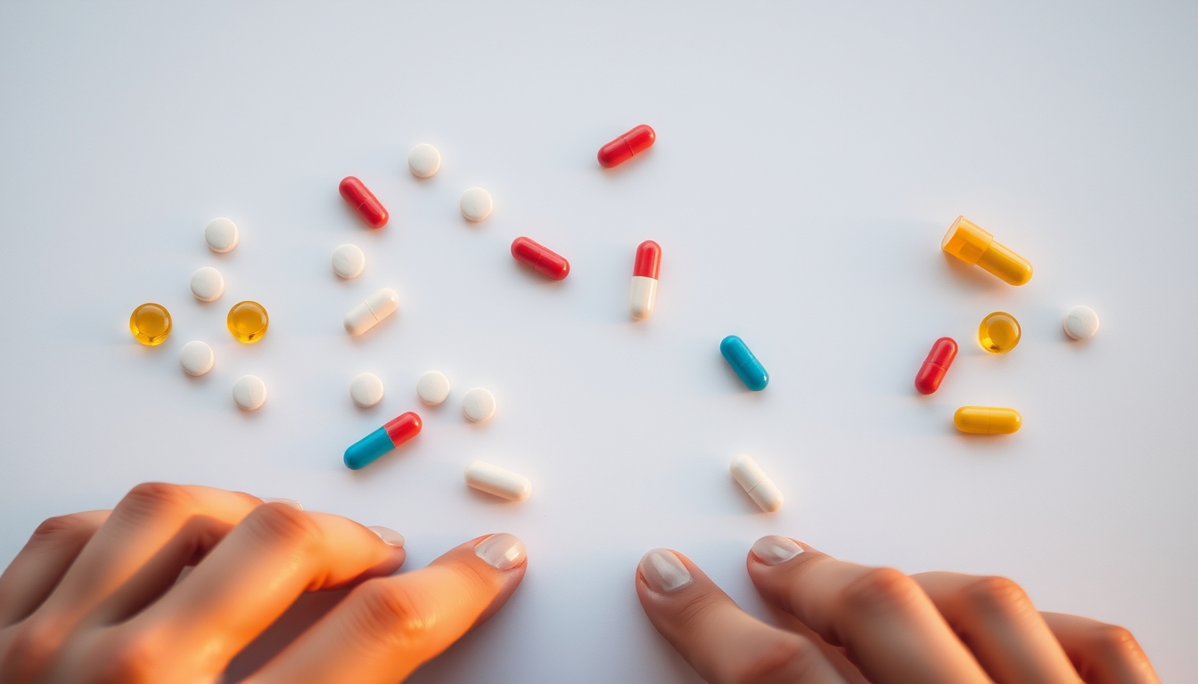 Sortimento de comprimidos em fundo branco em estilo editorial