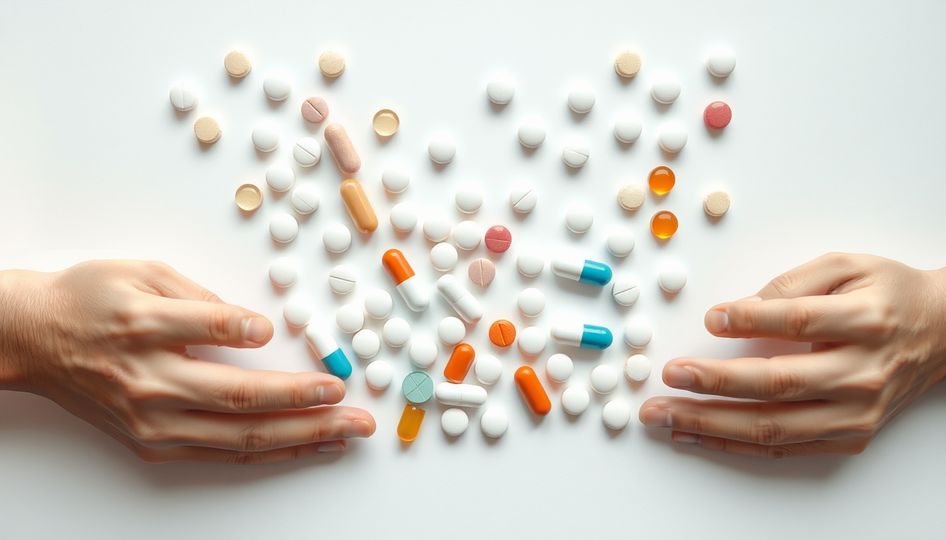 Sortimento de comprimidos em fundo branco em estilo editorial