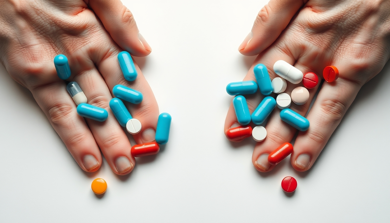 Sortimento de comprimidos em fundo branco em estilo editorial