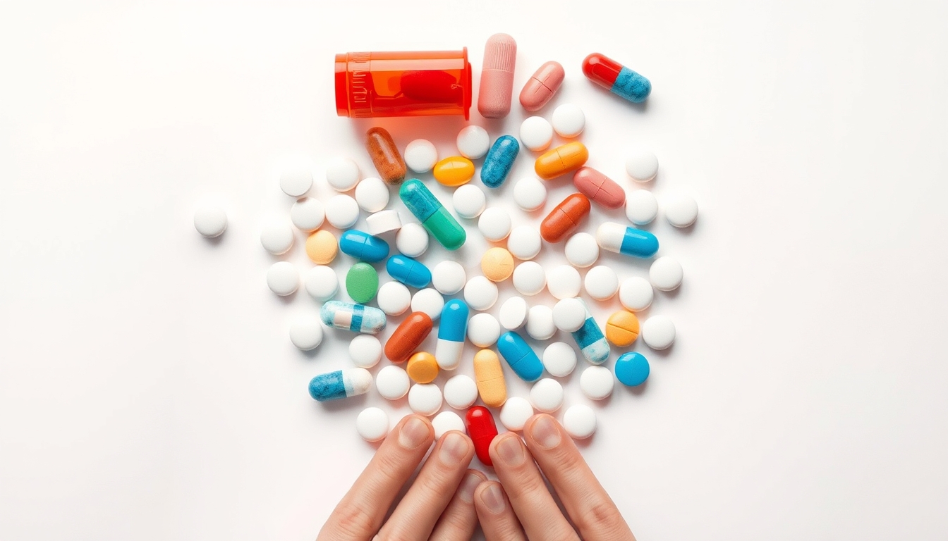 Sortimento de comprimidos em fundo branco em estilo editorial