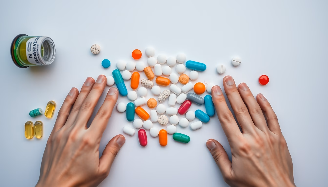 medical pills assortment on white background in editorial style