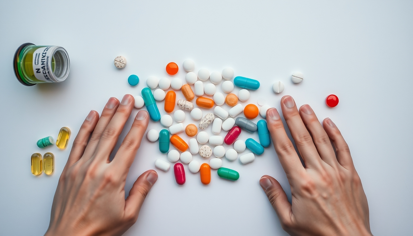 Sortimento de comprimidos em fundo branco em estilo editorial