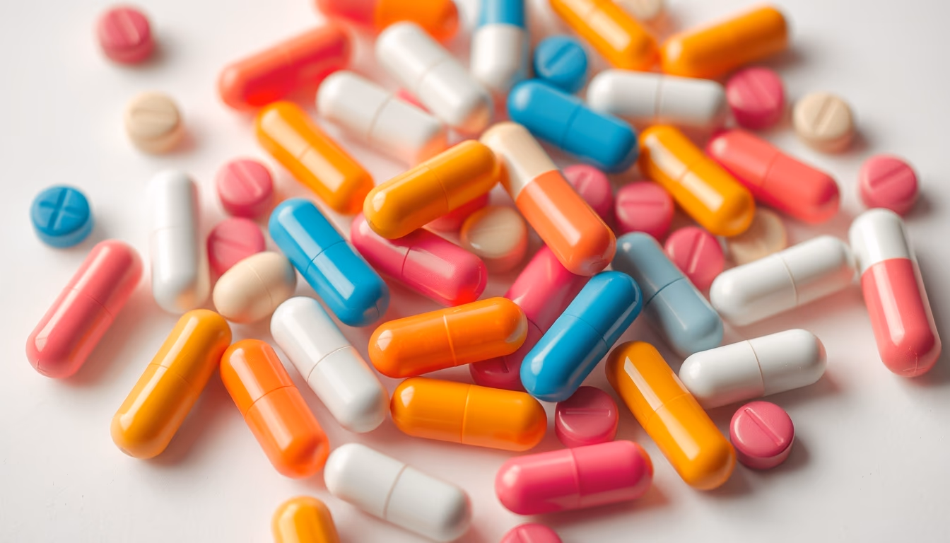 medication pills assortment colorful in editorial style