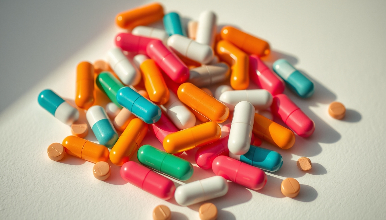 medication pills assortment colorful in editorial style