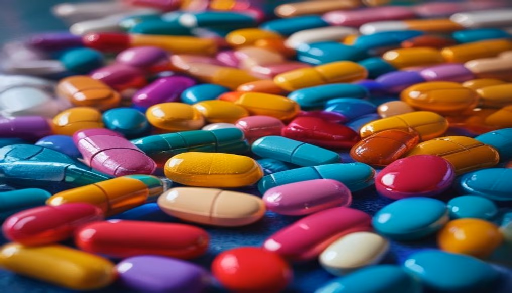 medication pills assortment colorful in editorial style