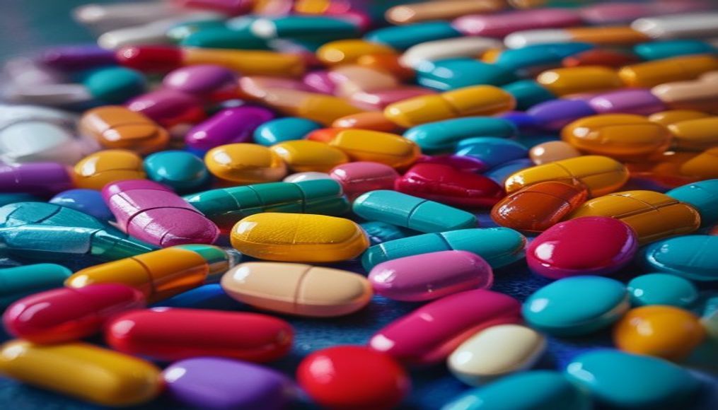medication pills assortment colorful in editorial style