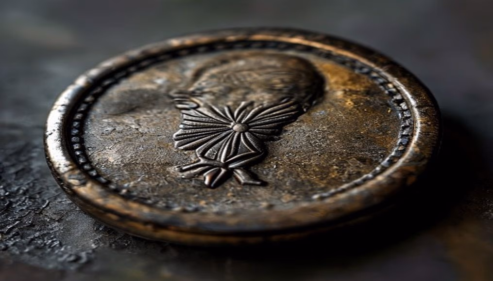 medieval coin tarnished in editorial style
