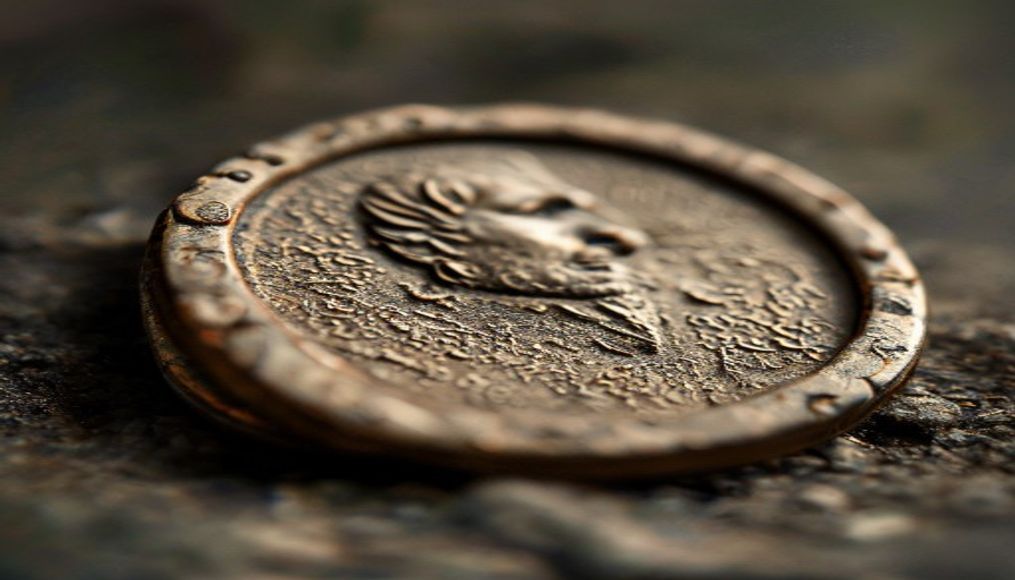 medieval coin tarnished in editorial style