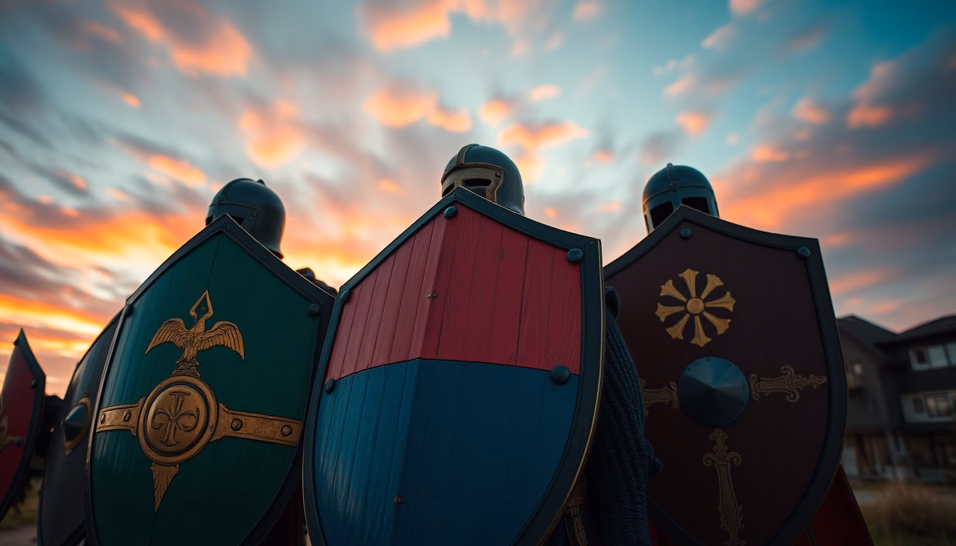 medieval shield colors in editorial style