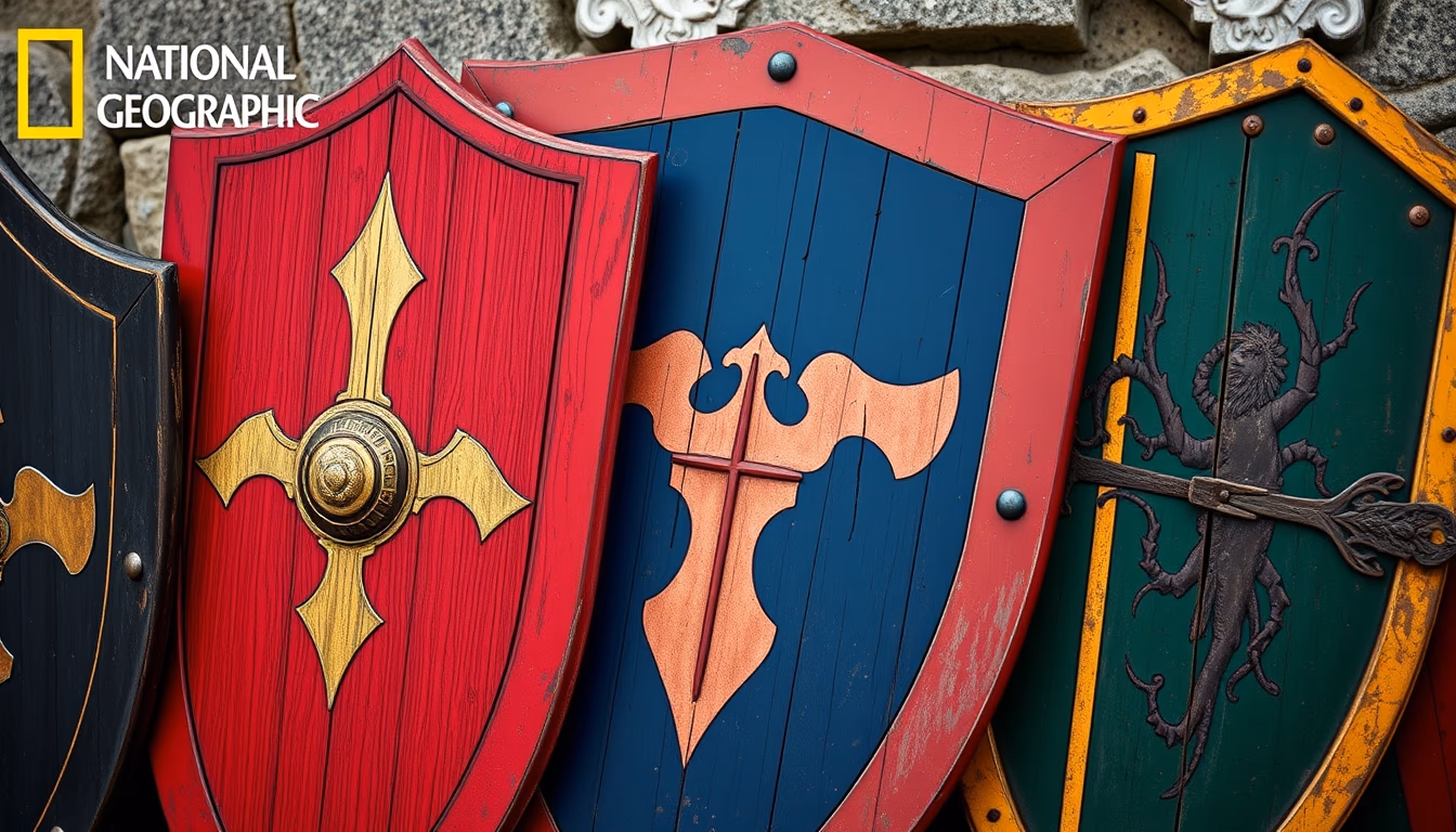 medieval shield colors in editorial style