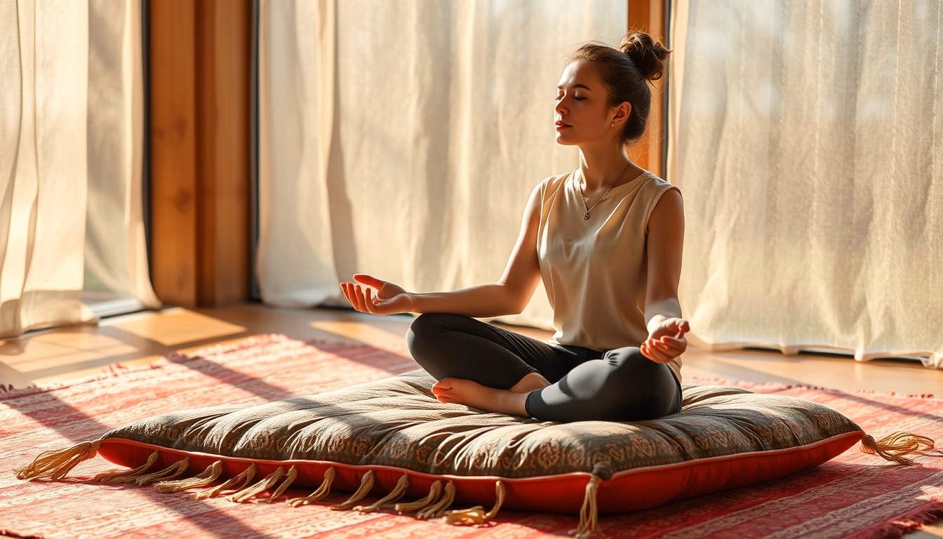meditation cushion sunlight in editorial style