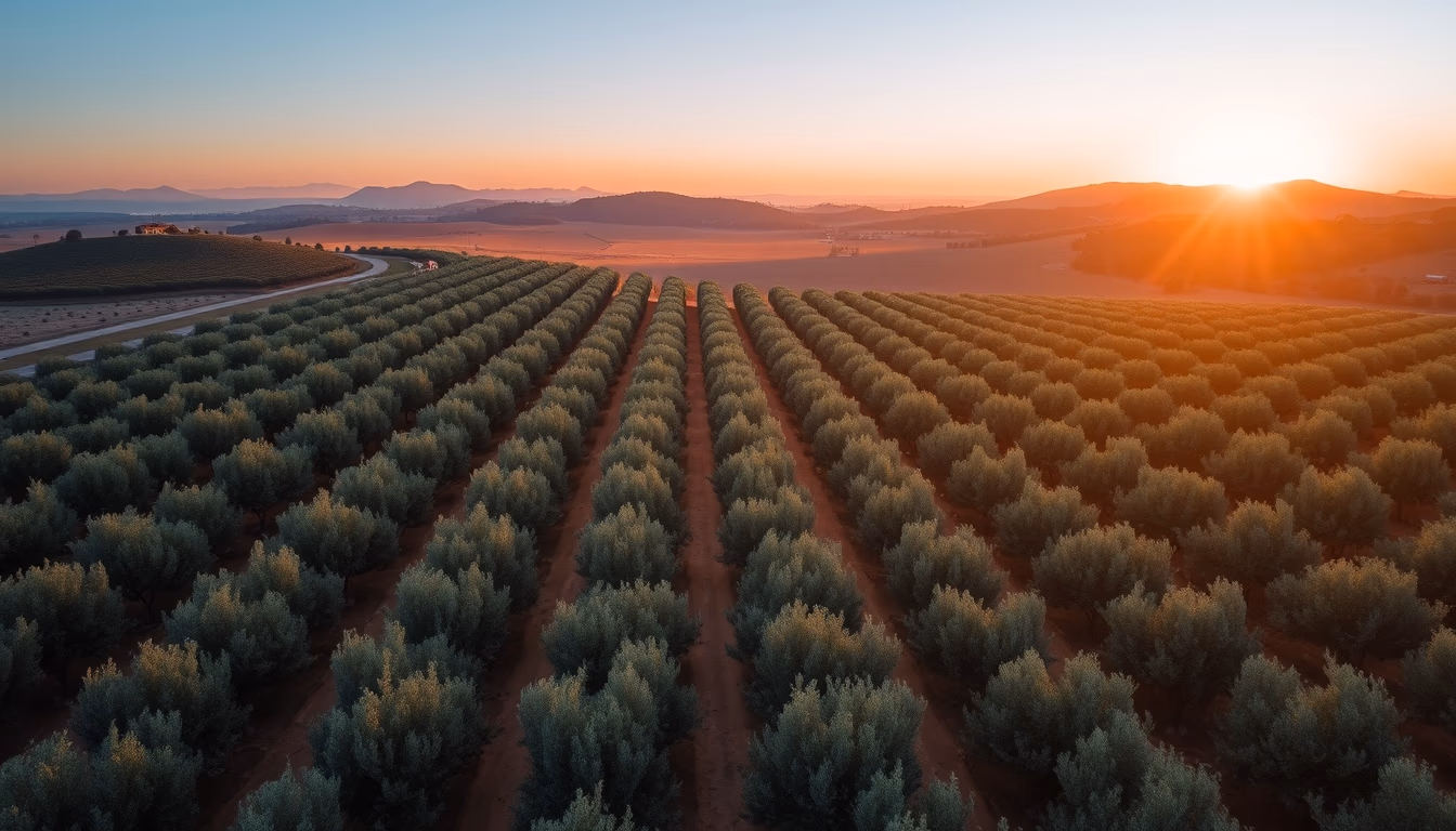 mediterranean olive plantation aerial in editorial style
