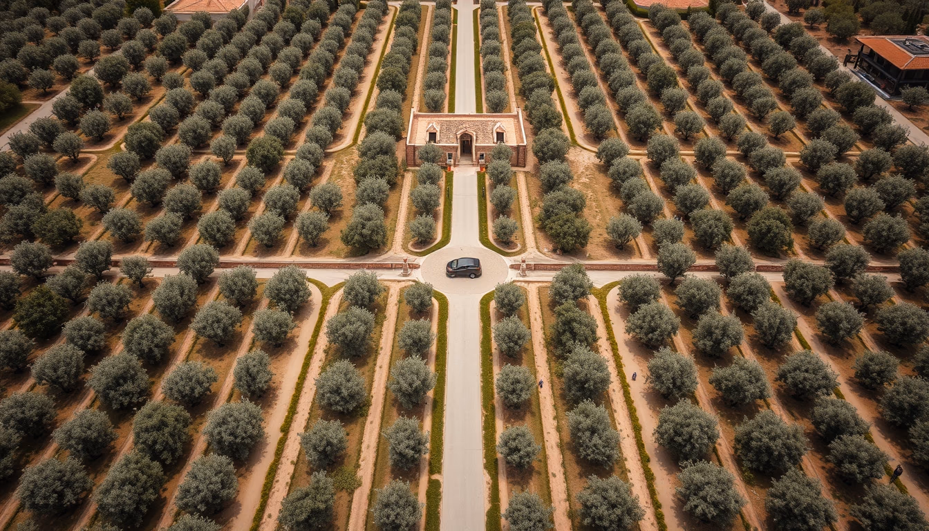 mediterranean olive plantation aerial in editorial style