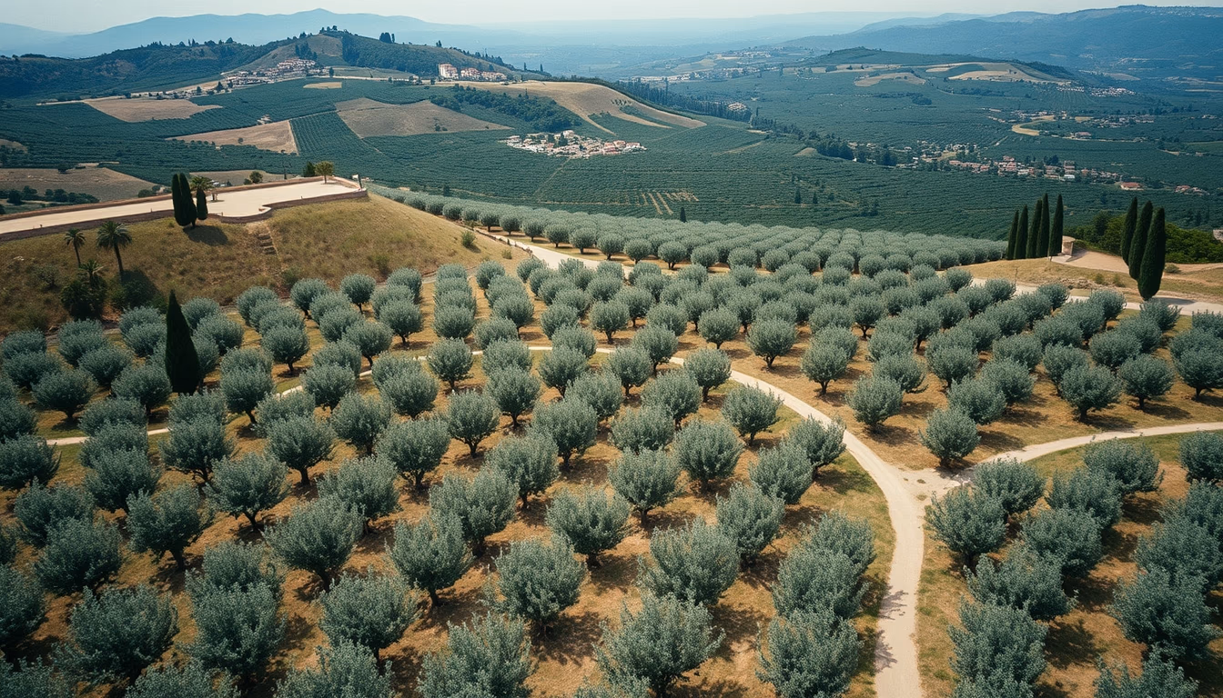 mediterranean olive plantation aerial in editorial style