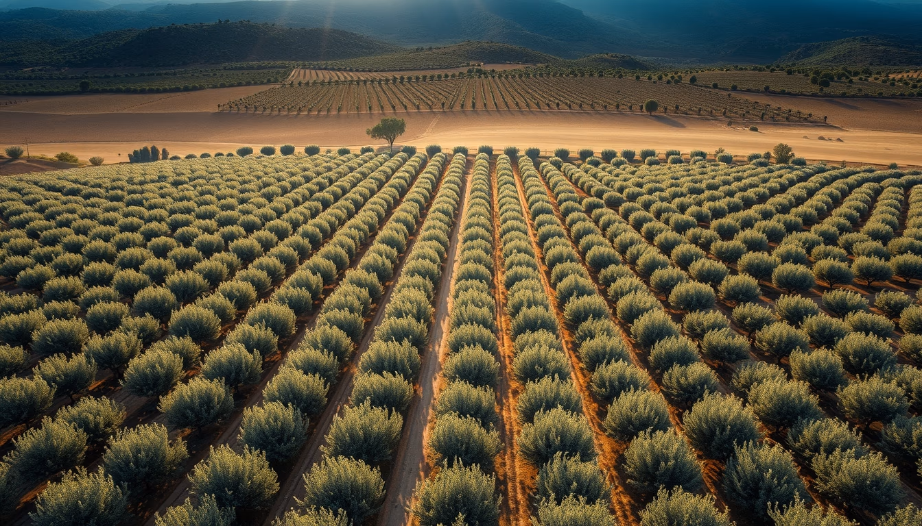 mediterranean olive plantation aerial in editorial style