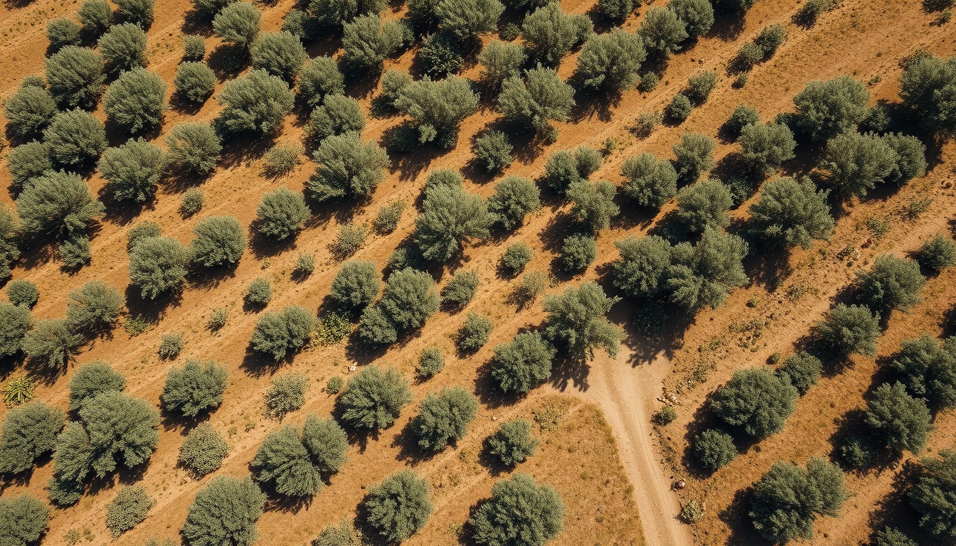 mediterranean olive plantation aerial in editorial style