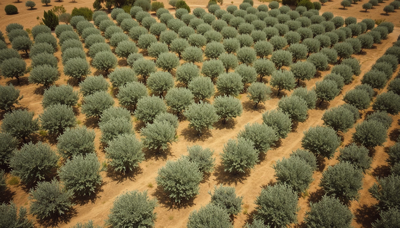 mediterranean olive plantation aerial in editorial style