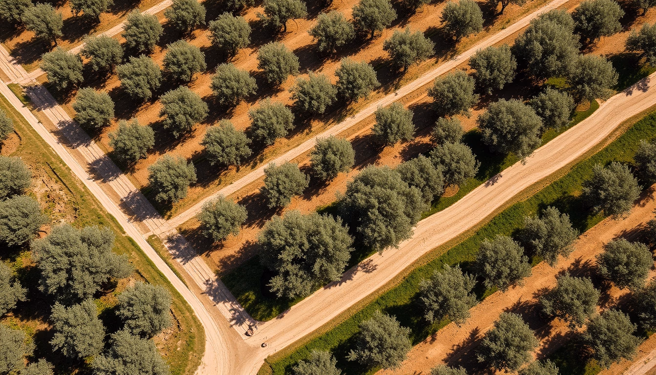 mediterranean olive plantation aerial in editorial style