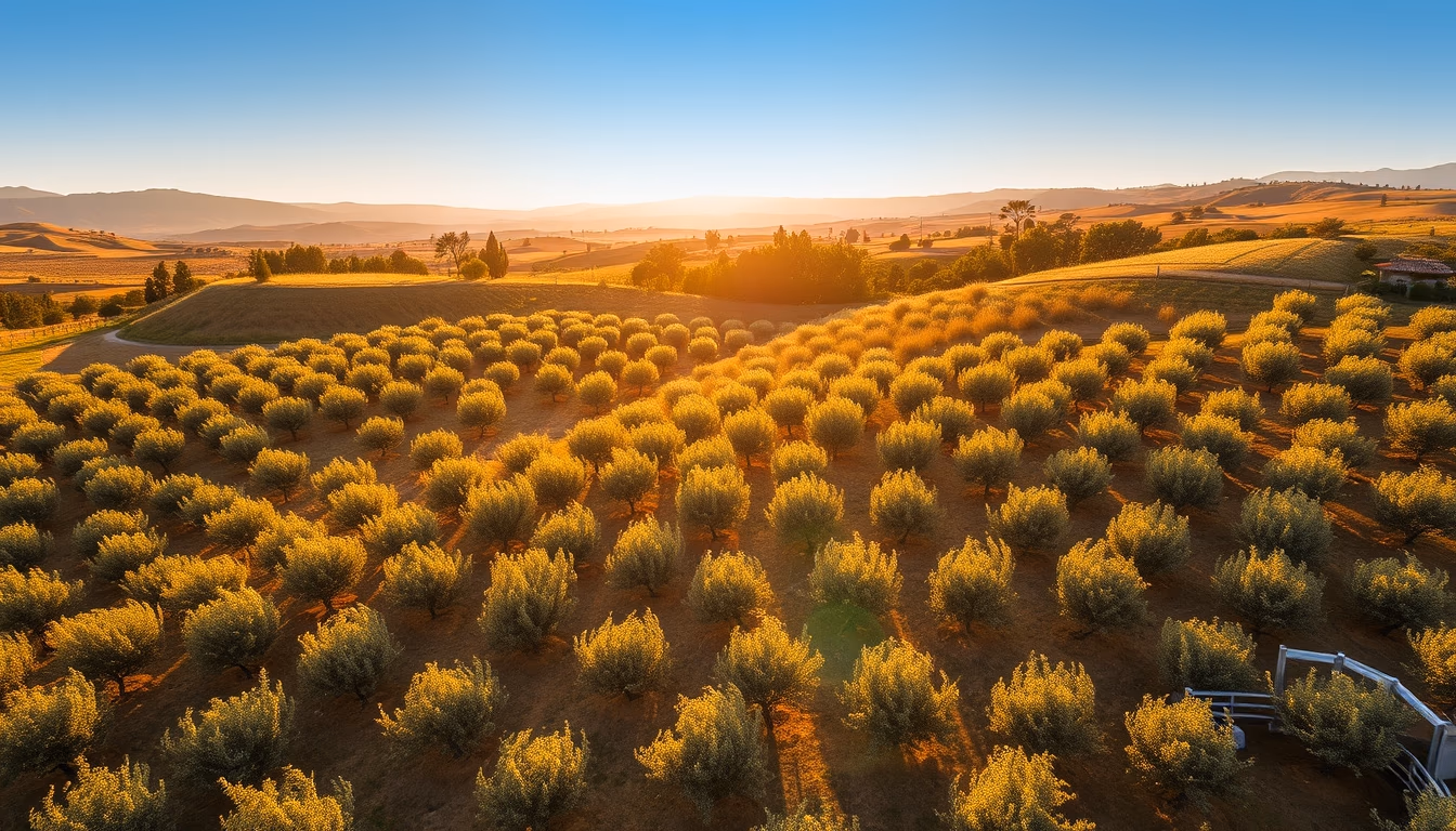 mediterranean olive plantation aerial in editorial style