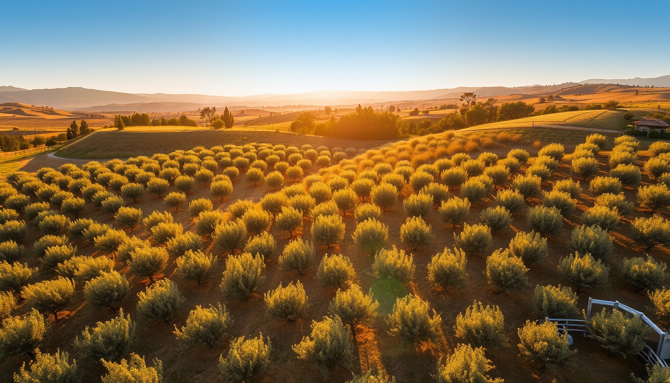 mediterranean olive plantation aerial in editorial style