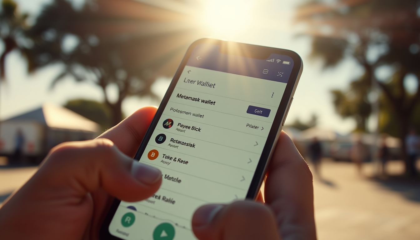 Interface da carteira metamask em tela de smartphone com lista de tokens em estilo editorial