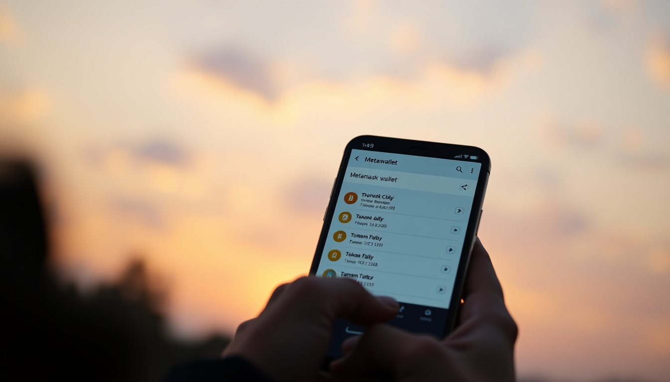 Interface da carteira metamask em tela de smartphone com lista de tokens em estilo editorial