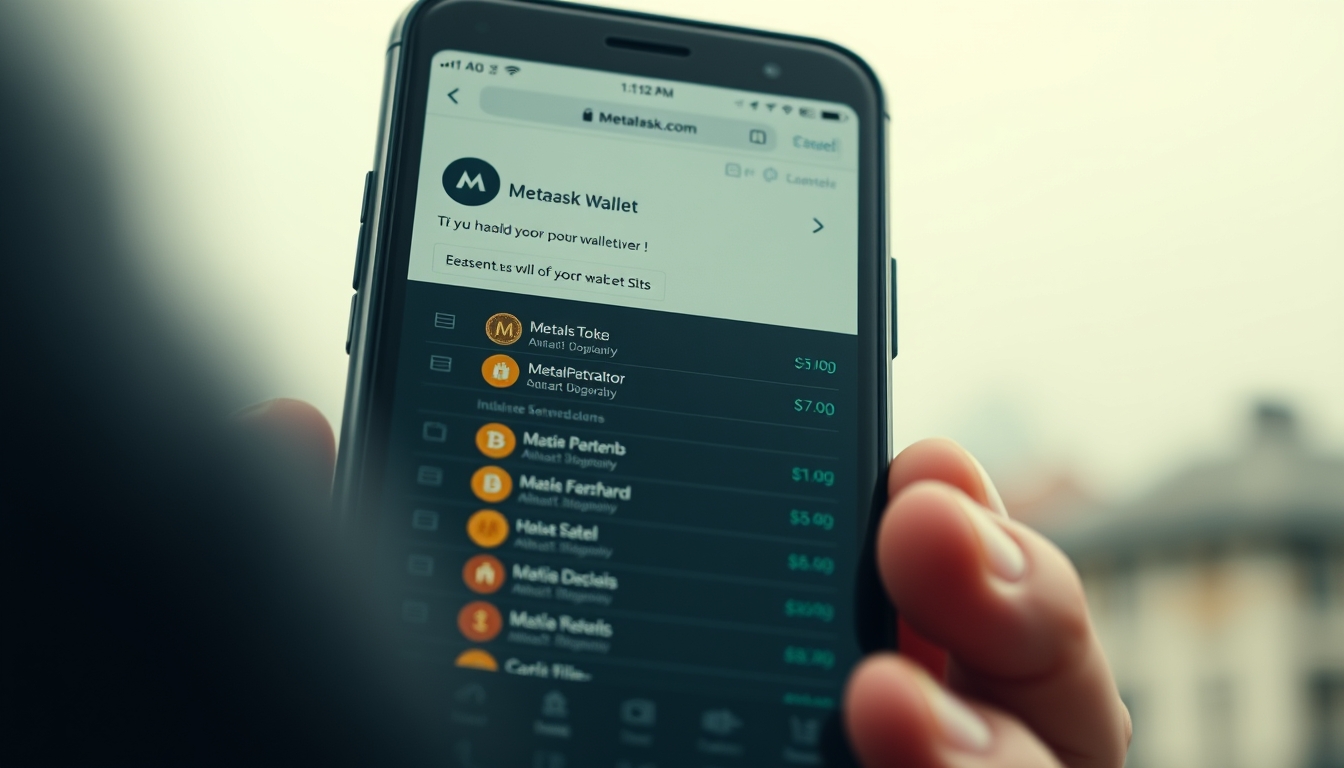 Interface da carteira metamask em tela de smartphone com lista de tokens em estilo editorial