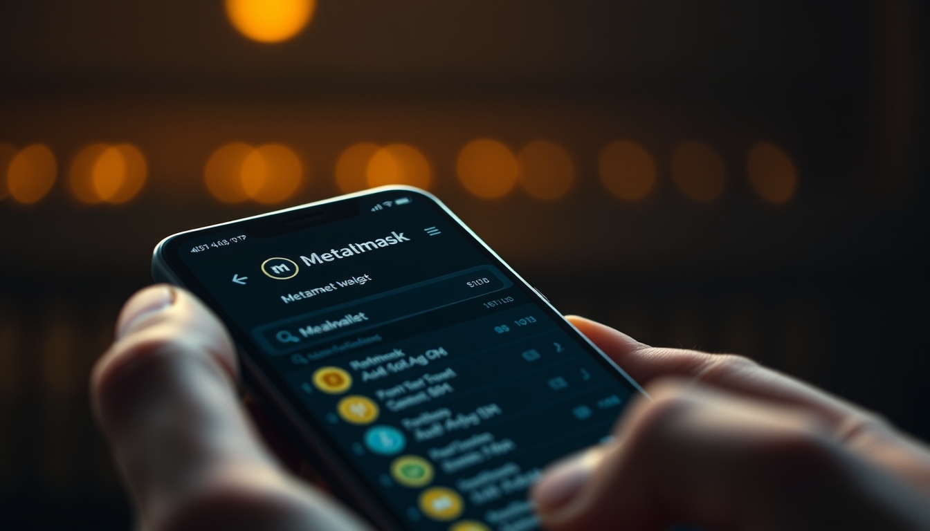 Interface da carteira metamask em tela de smartphone com lista de tokens em estilo editorial