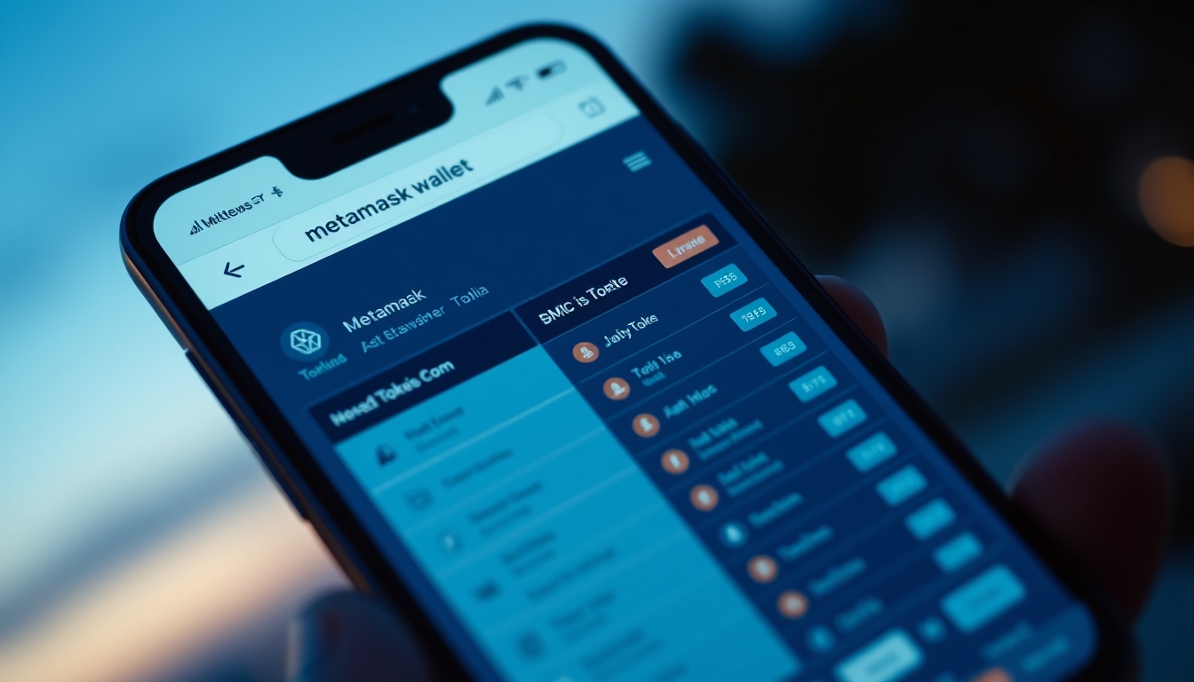 Interface da carteira metamask em tela de smartphone com lista de tokens em estilo editorial