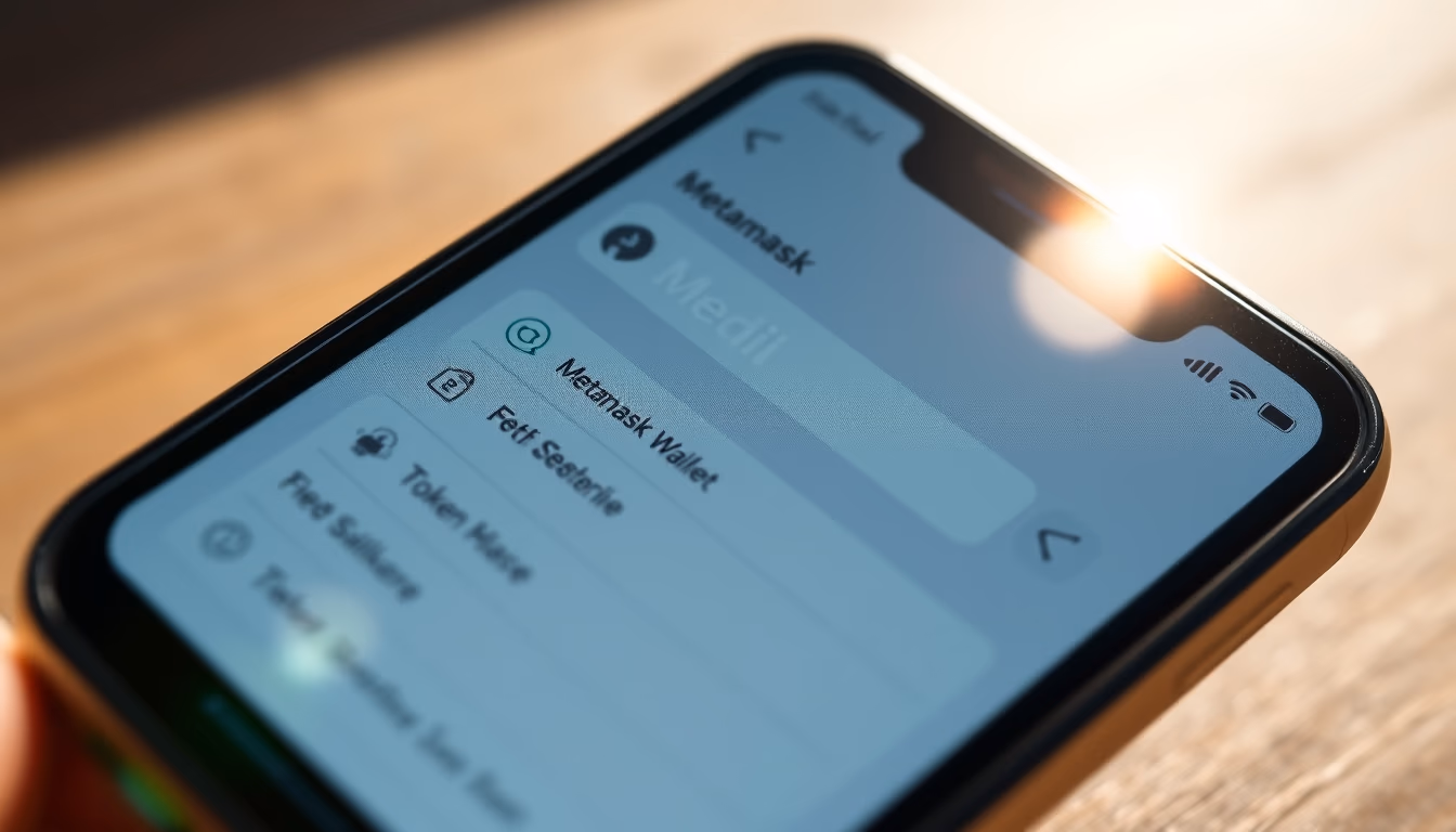 metamask wallet interface on smartphone screen with token list in editorial style