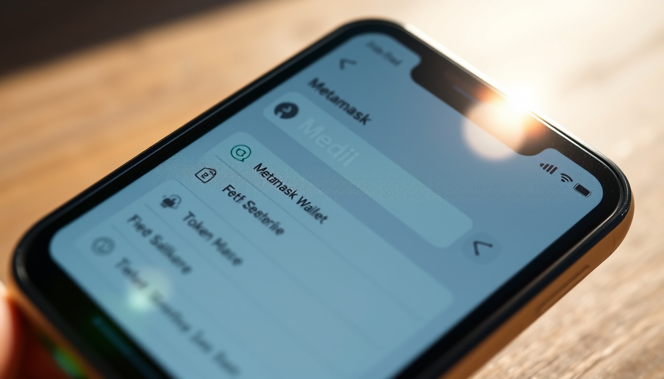 Interface da carteira metamask em tela de smartphone com lista de tokens em estilo editorial