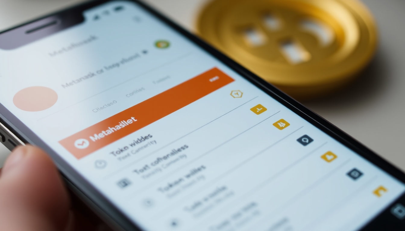 Interface da carteira metamask em tela de smartphone com lista de tokens em estilo editorial