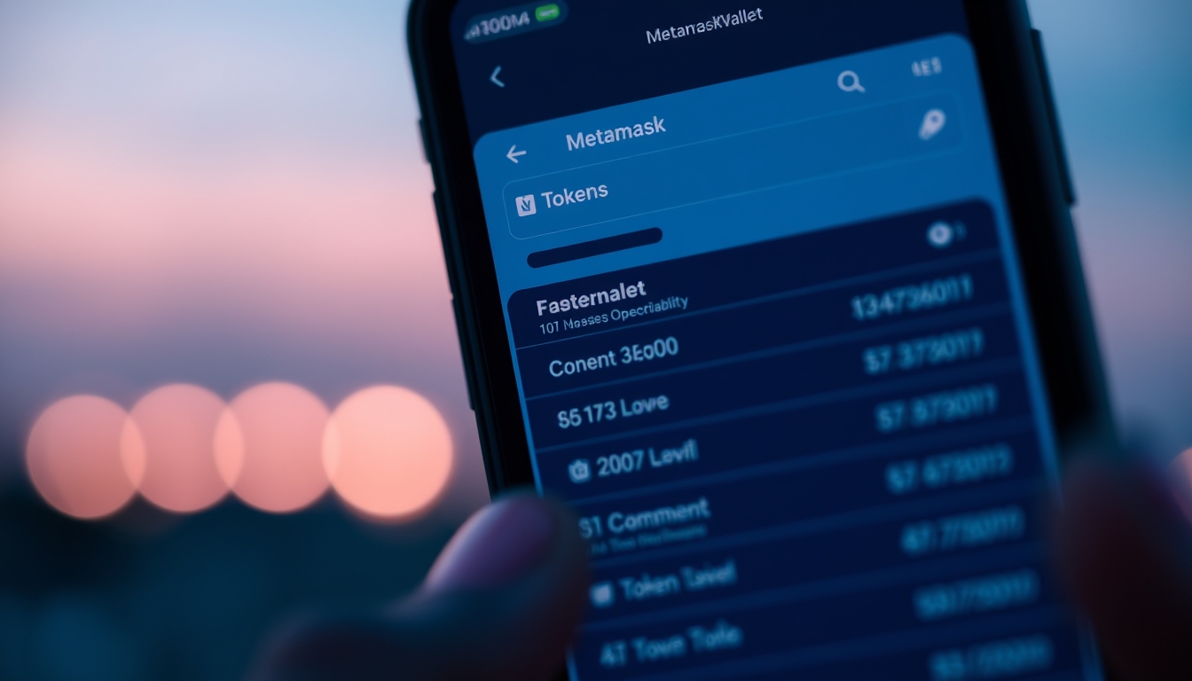 Interface da carteira metamask em tela de smartphone com lista de tokens em estilo editorial