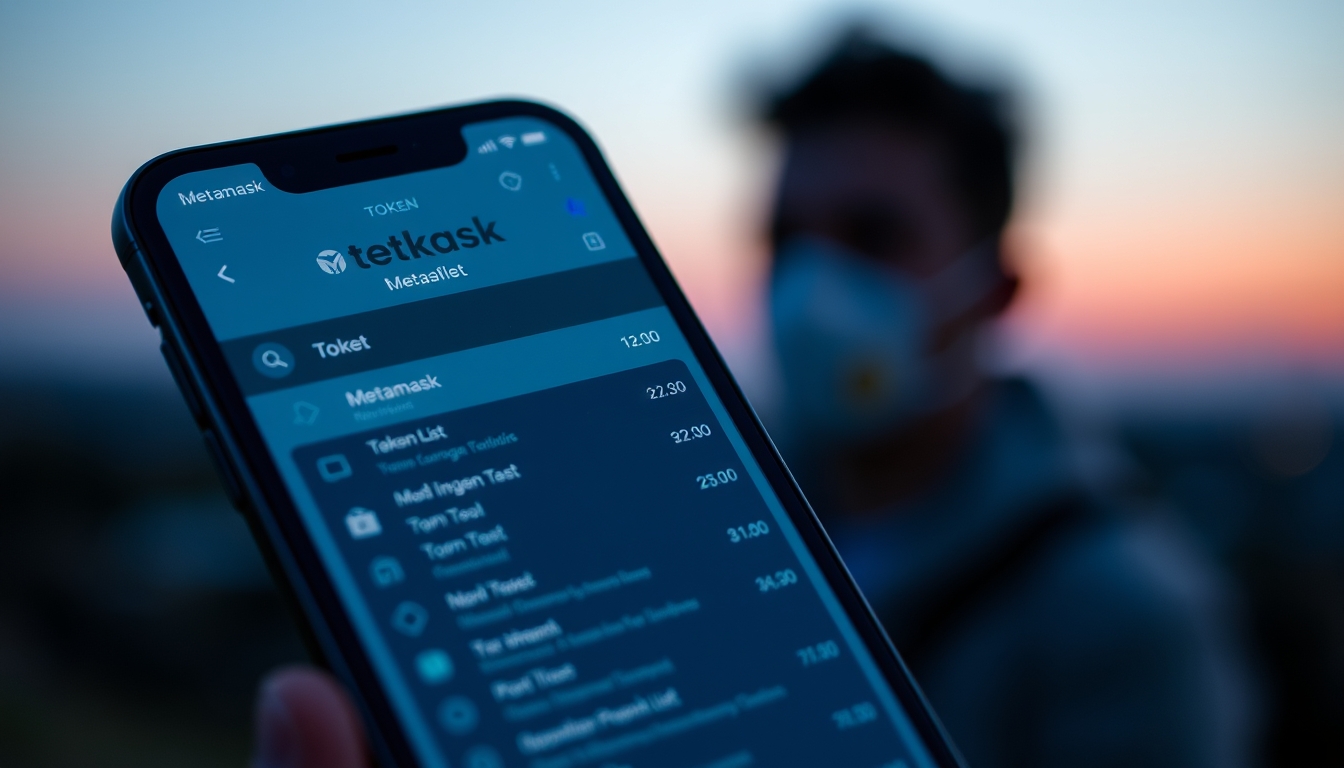 Interface da carteira metamask em tela de smartphone com lista de tokens em estilo editorial