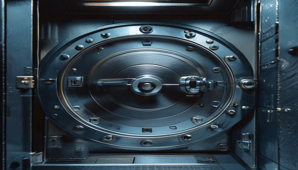 modern bank vault closed door in editorial style