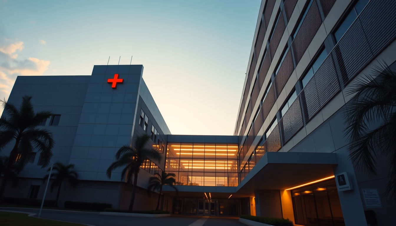 modern Brazilian hospital exterior at sunrise in editorial style