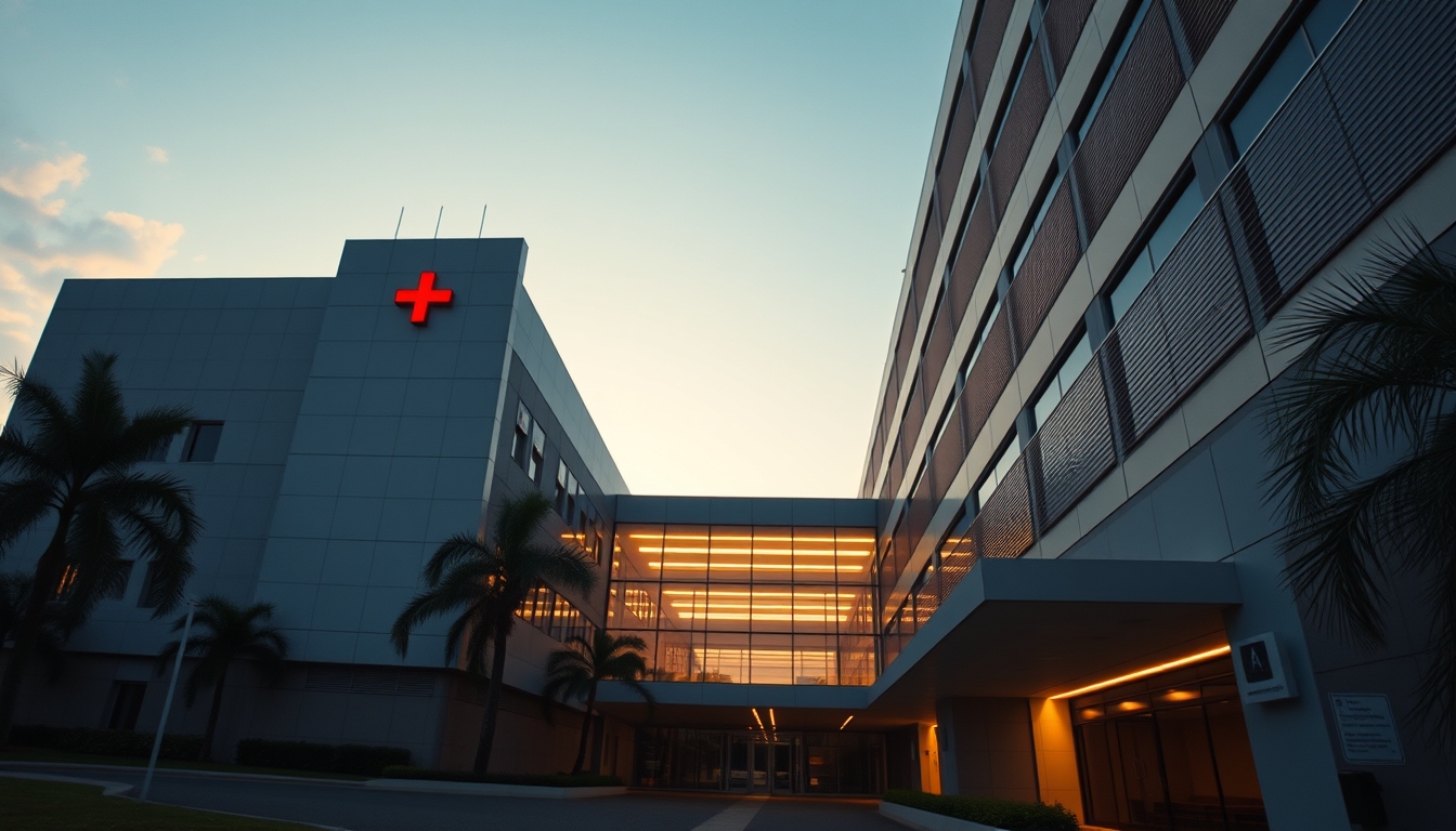 modern Brazilian hospital exterior at sunrise in editorial style