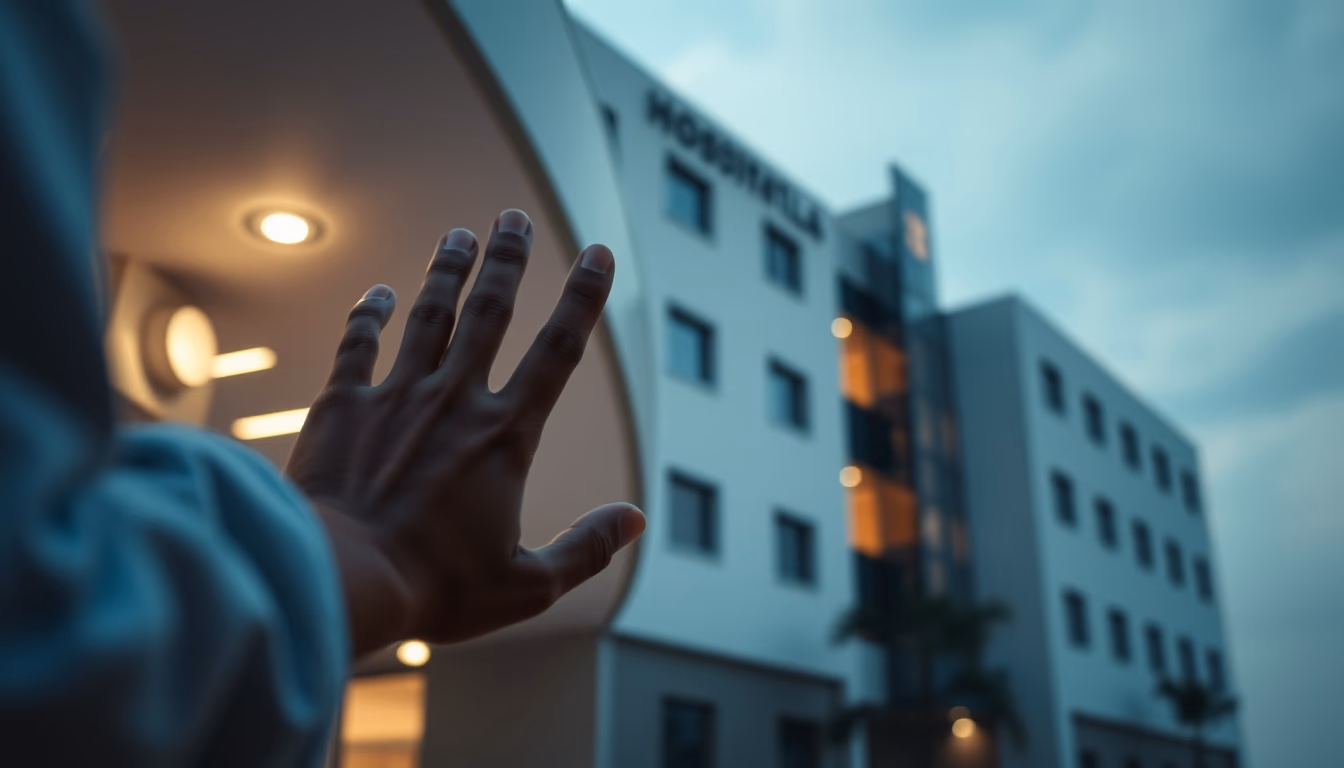 modern Brazilian hospital exterior at sunrise in editorial style