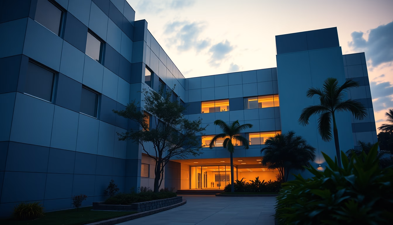 modern Brazilian hospital exterior at sunrise in editorial style