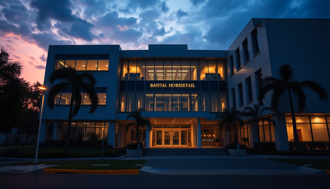 modern Brazilian hospital exterior at sunrise in editorial style