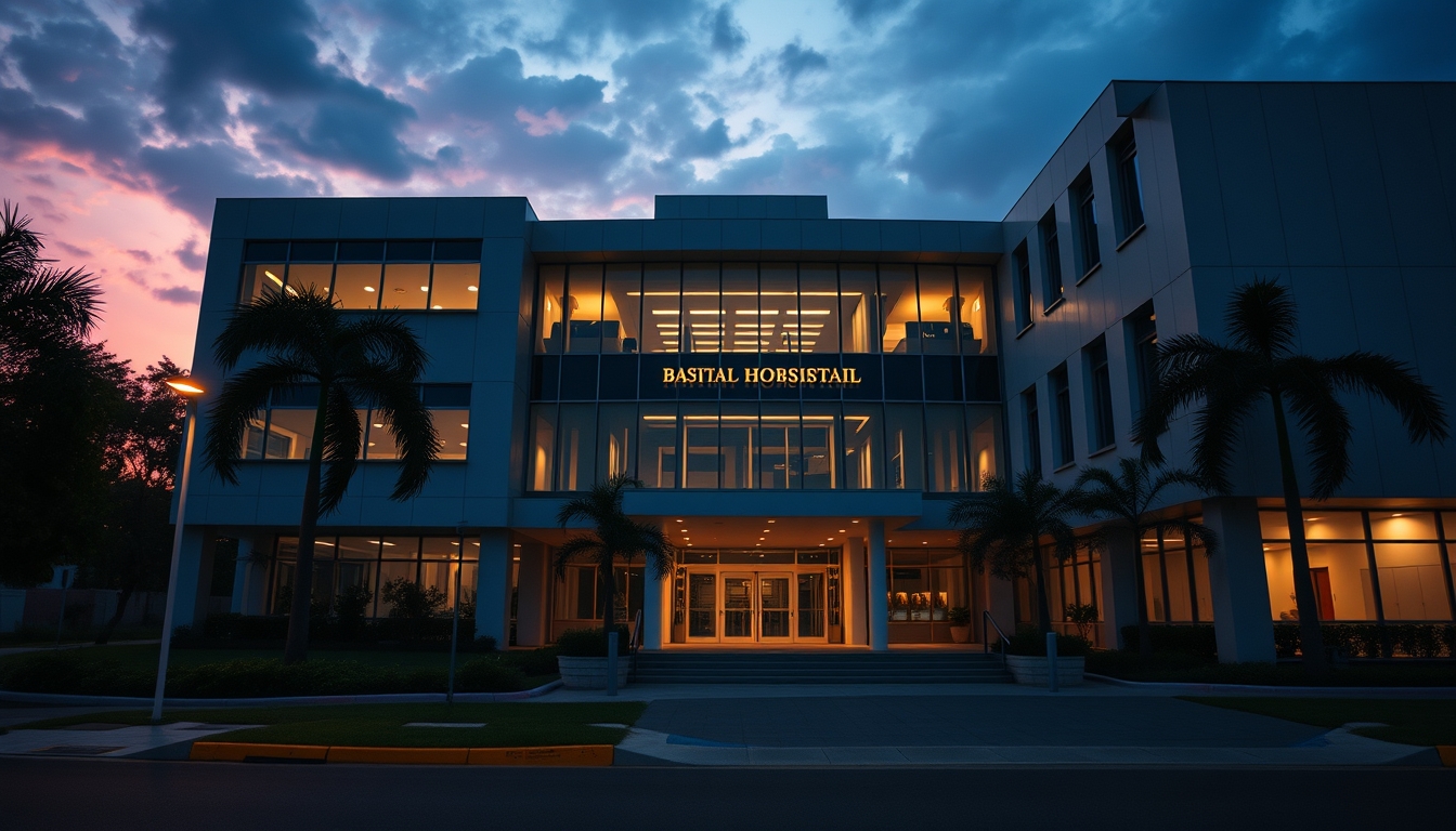 modern Brazilian hospital exterior at sunrise in editorial style