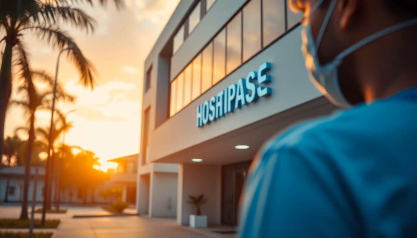 modern Brazilian hospital exterior at sunrise in editorial style