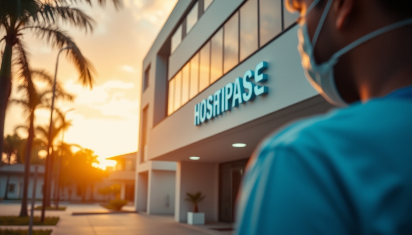 modern Brazilian hospital exterior at sunrise in editorial style