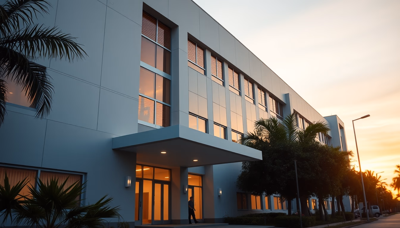 modern Brazilian hospital exterior at sunrise in editorial style