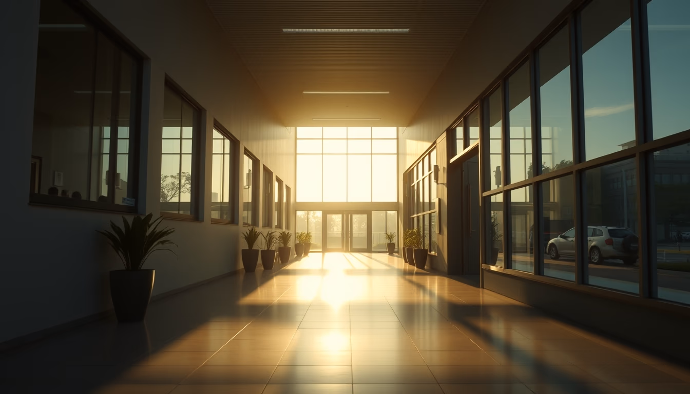 modern Brazilian hospital exterior at sunrise in editorial style