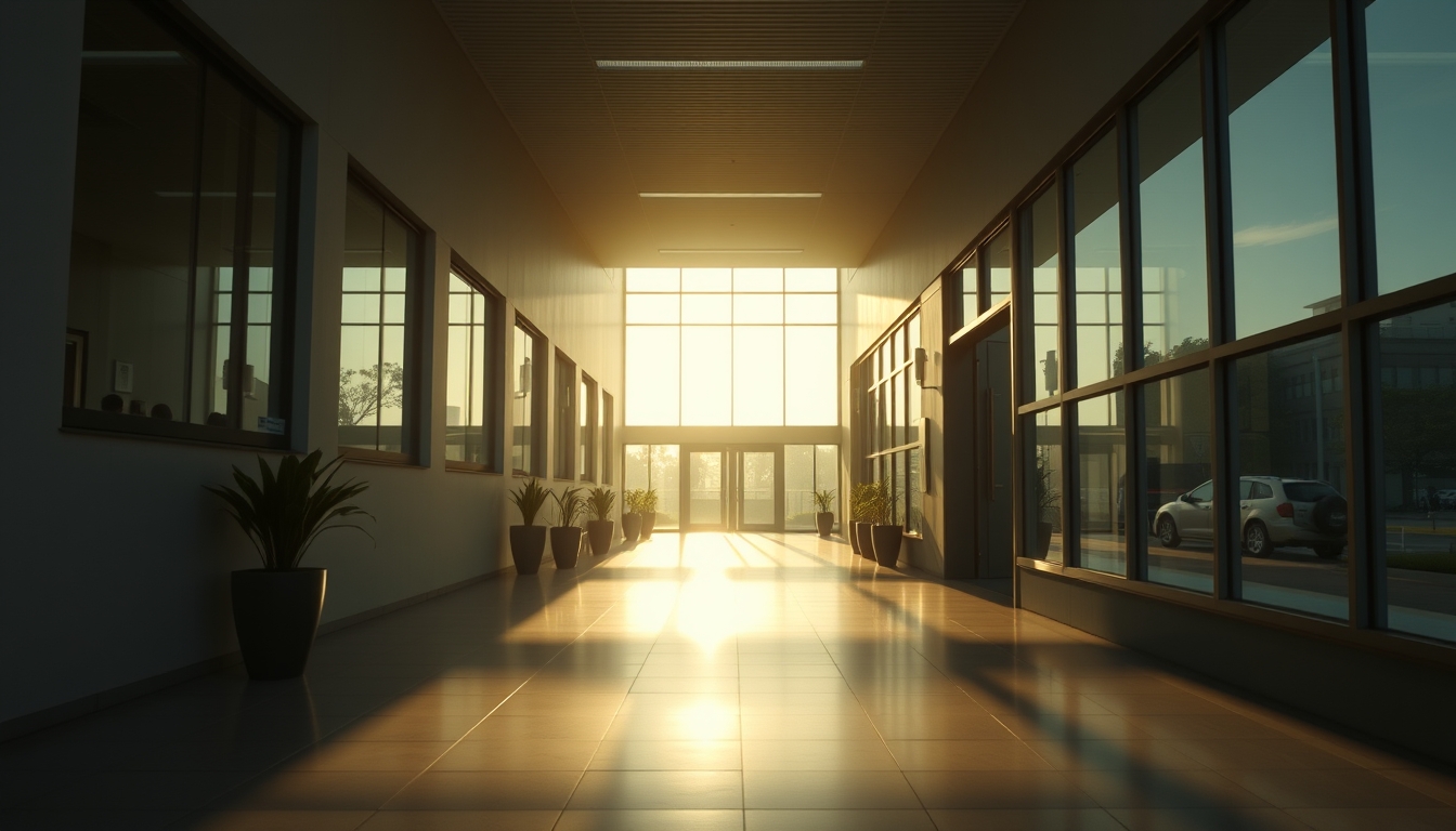 modern Brazilian hospital exterior at sunrise in editorial style